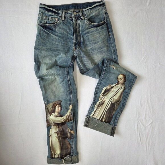 Mnml Angel Jeans Mens Size 28 Waist Streetwear Straight Leg Cuffed 100% Cotton - Picture 1 of 12